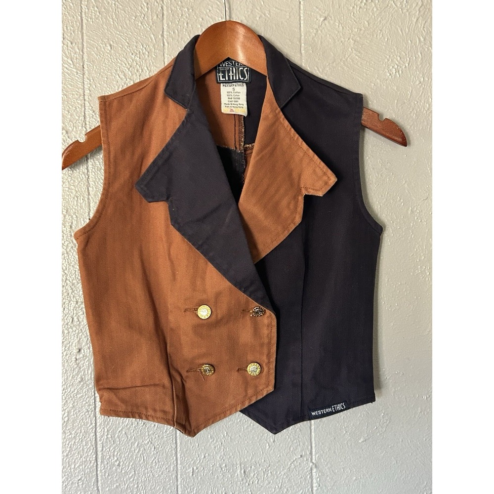Vintage Vest Western Ethics Size S 80s Brown Navy Blue Color Block Denim Rodeo